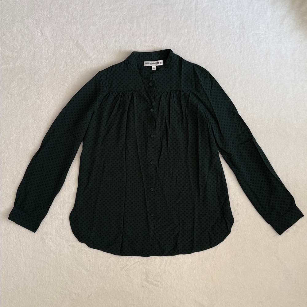 Ines de la Fressange x Uniqlo | Floral Print Covered Button Top Blouse Green M - Picture 15 of 15